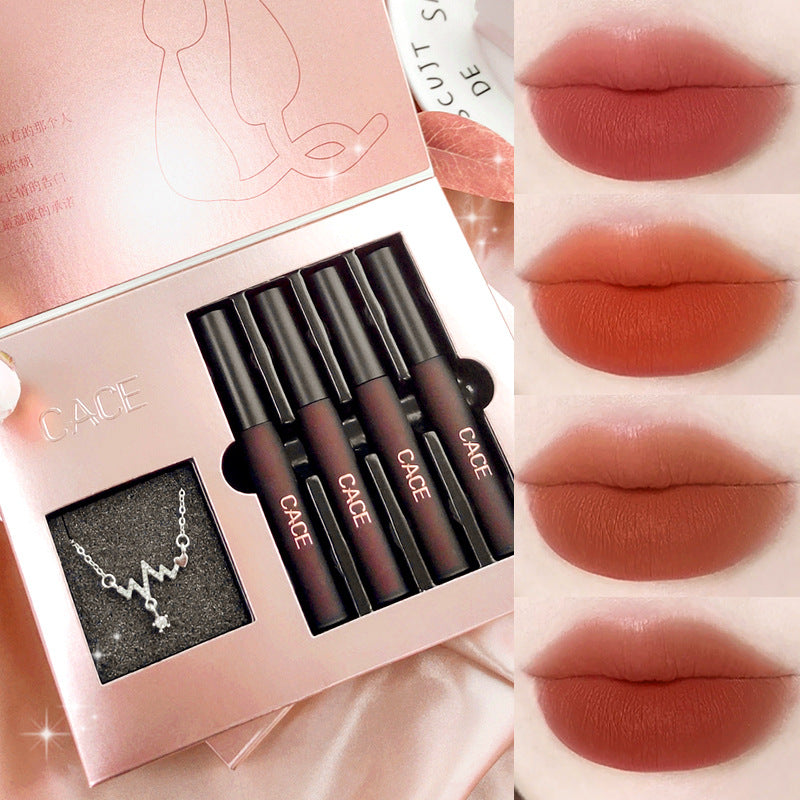 CACE Necklace Lip Glaze Set Box 4 Pack Liquid Lipstick Set Matte Lip Gloss Valentine's Day Gift Lipstick Wholesale
